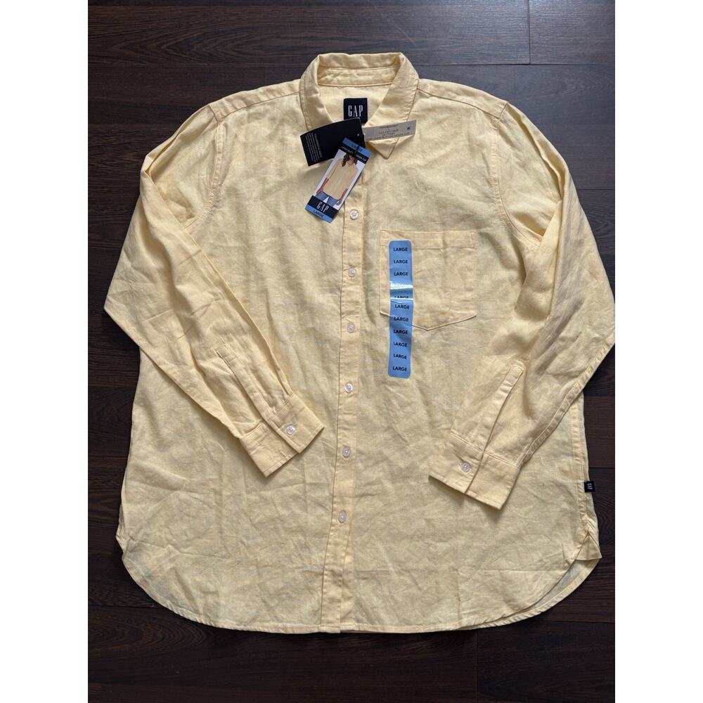 Gap Shirt Yellow Pocket 100 Linen Long-sleeve Gap Logo Mens Size Large